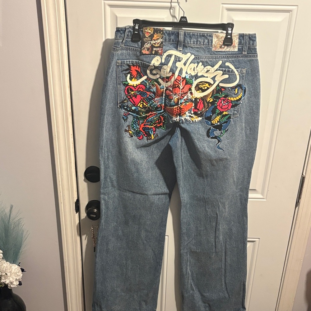 Ed Hardy Light Blue Denim Wide-Leg Jeans with Colorful Embroidered Back